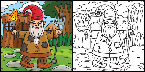 Gnome with a Torch and Pitch Fork Illustration