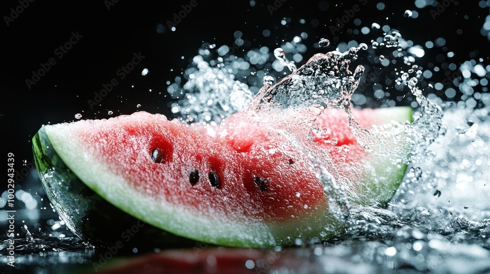 Poster a high-speed capture of water droplets splashing off a refreshing slice of watermelon, reflecting en