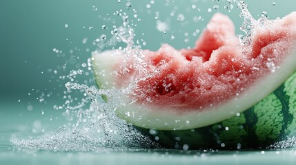 This image shows a juicy watermelon slice amidst a dynamic splash, highlighting its refreshing qualities and spill of vitality, synonymous with summer joy.