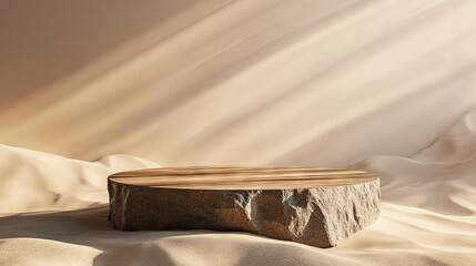Abstract composition of a wood and stone podium on realistic sand, offering a minimal backdrop with copy space,