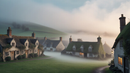 A serene, misty fog engulfs a quaint, ancient village, with rolling hills and lush greenery surrounding traditional,