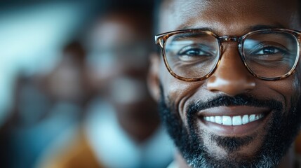 Obraz premium A warm close-up of a man smiling widely with textured beard and glasses, embodying warmth, friendliness, and openness in an engaging visual composition.