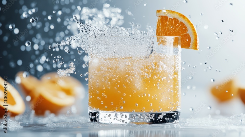 Poster A fizzy orange drink in a glass with a citrus slice, captured in a dynamic splash showing effervescence and a refreshing, energetic vibe in elegant style.