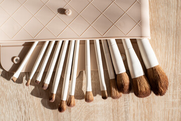 Flat lay composition with professional makeup brushes. Make-up artist kit