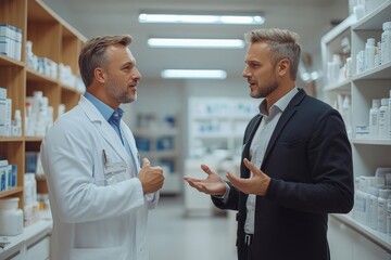 Pharmaceutical sales representative talking with doctors in medical building, presenting new product on tablet, Generative AI