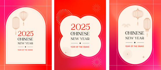 Chinese new year 2025 year of the Snake. Vertical abstract cards, banners. Red traditional Chinese vector designs with lanterns. Lunar new year concept, linear abstract modern design