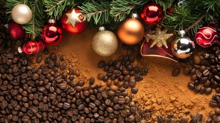 Coffee beans and Christmas ornaments hanging from branch with striped pole