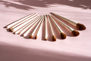 Flat lay composition with professional makeup brushes. Make-up artist kit