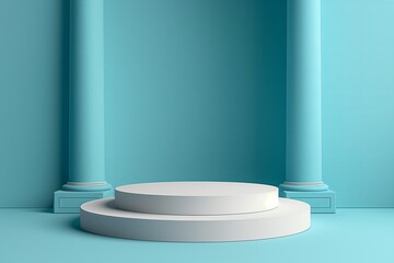 White cylindrical 3D podium in a soft blue empty space