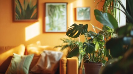 A warm and inviting living room filled with plants and vibrant artwork in soft afternoon light