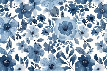 A blue and white floral pattern with blue flowers