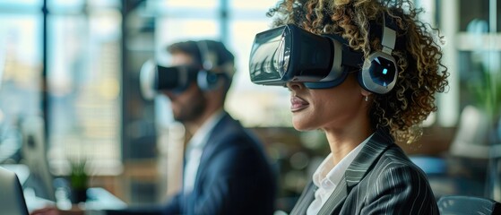 Fototapeta premium A woman wearing a VR headset looks at a blurred man also wearing a headset.