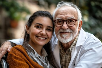 Portrait of nurse and her senior client on wheelchair, Generative AI