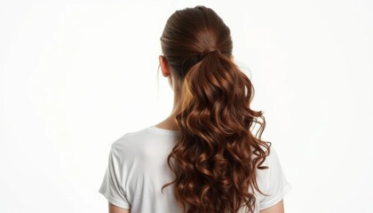 Woman with long curly brown hair in a ponytail wearing a white t-shirt. Rear view studio portrait for hairstyle and beauty concepts