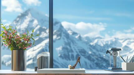Fototapeta premium Beautiful stapler and otoscope in a calm office with a view of the mountains