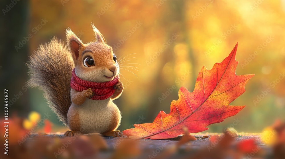 Wall mural A cute cartoon squirrel wearing a red scarf stands on a fallen leaf in an autumn forest.