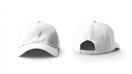 Fototapeta premium front and back view of white baseball cap on a white background. - Mock-up template for design presentation.
