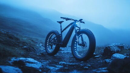 Black electric fat tire bike on a foggy mountain path illuminated by blue light.