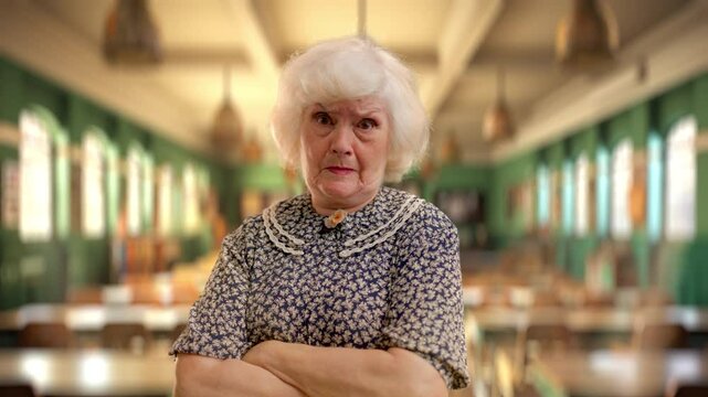 Portrait of comically strict woman teacher in her 80s in classroom, education