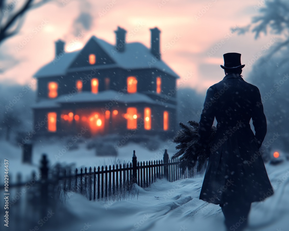 Wall mural a figure in a top hat walks through snowy scenery towards a warmly lit house.