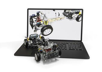 3D render image representing computer aided design of a car. In the image you can find a car with car parts on a laptop