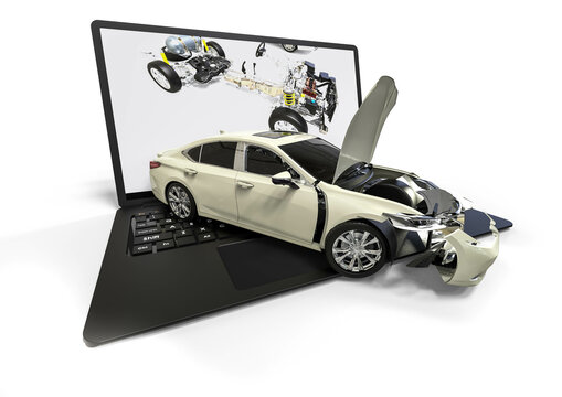 3D render image representing computer aided design of a car. In the image you can find a car with car parts on a laptop