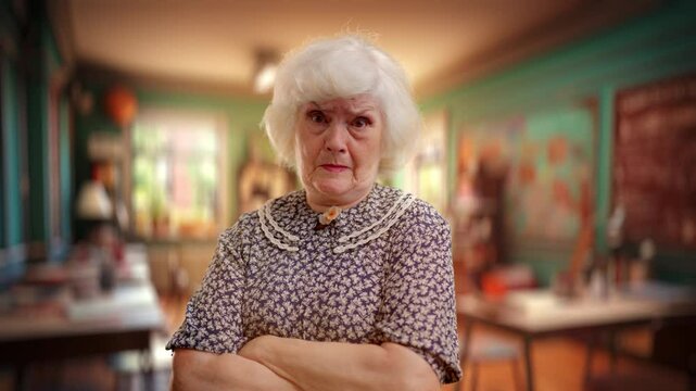 Portrait of comically strict senior woman teacher looking at camera in classroom