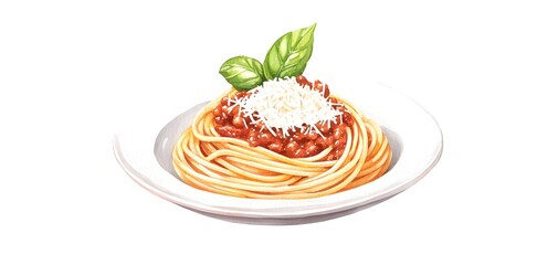 A rustic plate of spaghetti bolognese, with grated parmesan and a fresh basil leaf on top