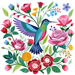vector floral background with bird, flowers, birds and bird