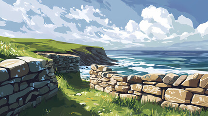 British isles coastline at skara brae, where ancient stone dwellings overlook the rugged coastline of orkney. Rugged Coastline. Illustration