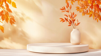 Elegant Autumn Podium, Stand for Product Presentation Featuring Orange Fall Leaves on Branches in Vase, Minimal Mockup for Retail and Promotion.