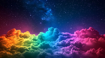 Obraz premium Cheerful starry night sky with rainbow colors fluffy clouds, mystical magical breathtaking. Starry Night Sky. Illustration