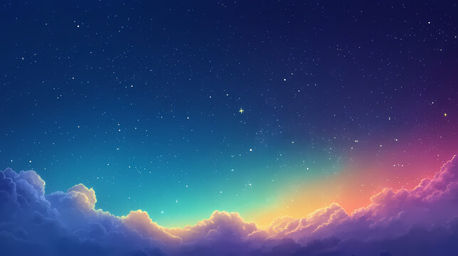 Cheerful starry night sky with rainbow colors fluffy clouds, mystical magical breathtaking. Starry Night Sky. Illustration