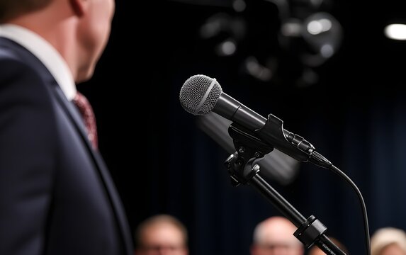 Focused man in a suit speaking into microphones, serious expression as he addresses a crowd, blurred audience in the background, professional atmosphere