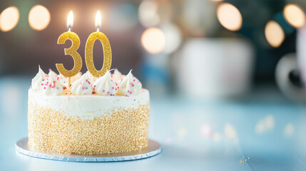 Creamy 30th Birthday Cake with Lit Candles, Celebration and Dessert for Milestone Anniversary Party, Golden Glitter 30 Number, Bokeh Lights.