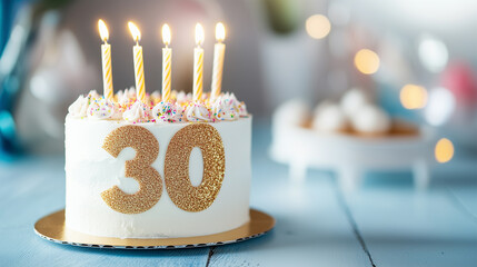 Creamy 30th Birthday Cake with Lit Candles, Celebration and Dessert for Milestone Anniversary Party, Golden Glitter 30 Number, Bokeh Lights.