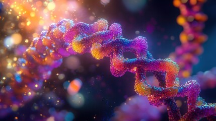 Fototapeta premium Close-up of a colorful DNA double helix with bokeh effect.
