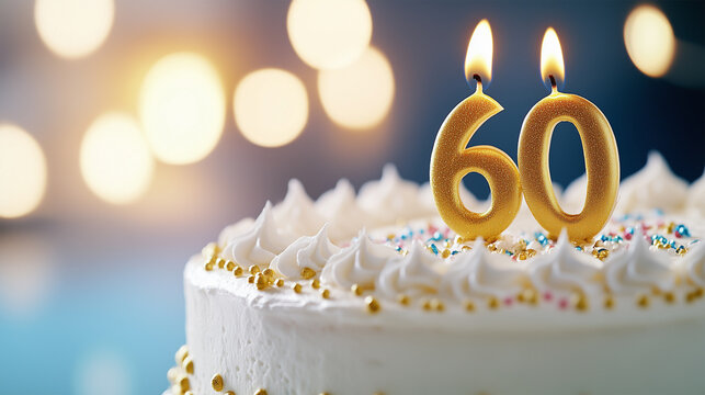 Creamy 60th Birthday Cake with Lit Candles, Celebration and Dessert for Milestone Anniversary Party, Golden Glitter 60 Number, Bokeh Lights.