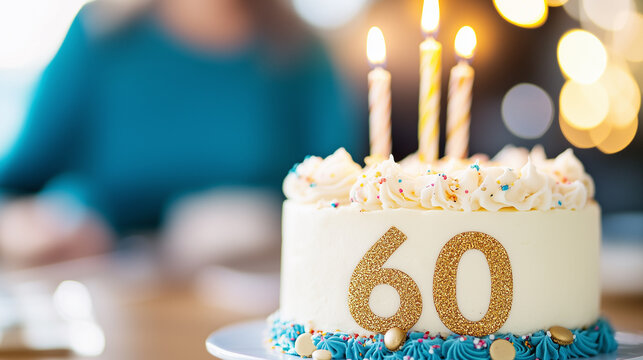 Creamy 60th Birthday Cake with Lit Candles, Celebration and Dessert for Milestone Anniversary Party, Golden Glitter 60 Number.