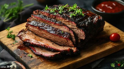 A beautifully cooked brisket on a wooden board, garnished with herbs and served with sauce.