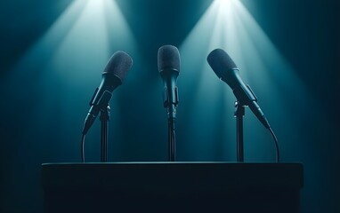 Row of microphones at a podium, bathed in brilliant stage lights, representing a press conference or important announcement, dynamic energy