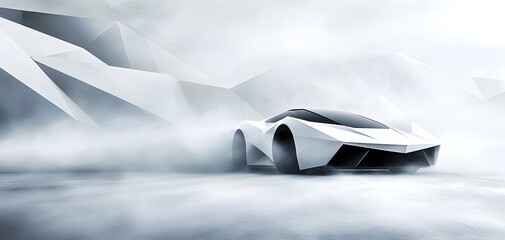 Sharp-edged, futuristic car in white with geometric lines, drifting through a misty, smoky background, blending speed and modern design