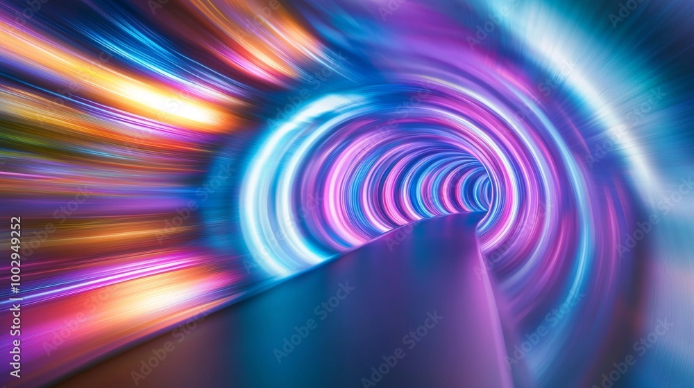 Poster vivid multicolor streaks are converging toward the vanishing point of a tunnel, creating an abstract