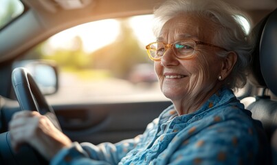 Happy senior woman driving car alone, enjoying car ride. Safe driving for elderly adults, older driver safety, Generative AI