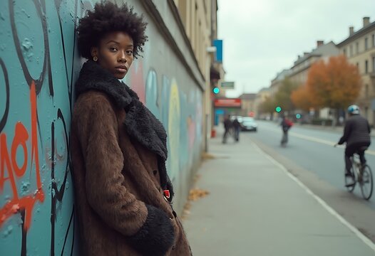 A fashionable Black woman wearing a bold statement coat stands on an urban street, leaning against a graffiti-covered wall