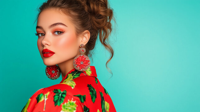 Confident Young Model in Bold Retro Outfit, Vibrant Red, Green and Pink Chic Fashion, Glamorous 70s 80s Style with Elegant Vivid Makeup.