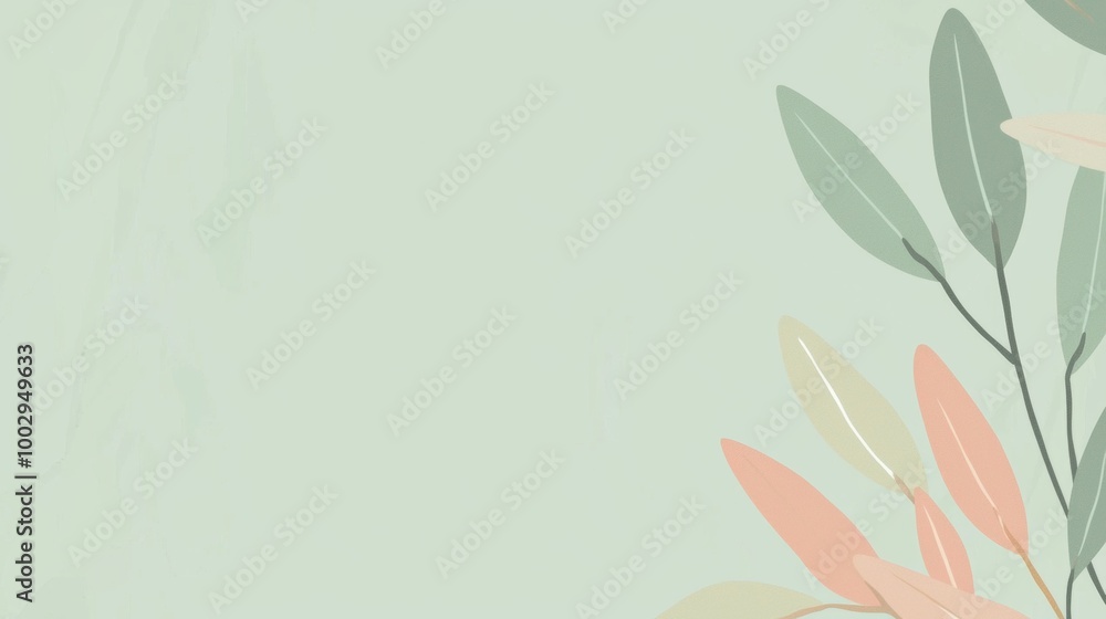 Poster minimalist design featuring pastel-colored leaves creating a border on a textured green background, 