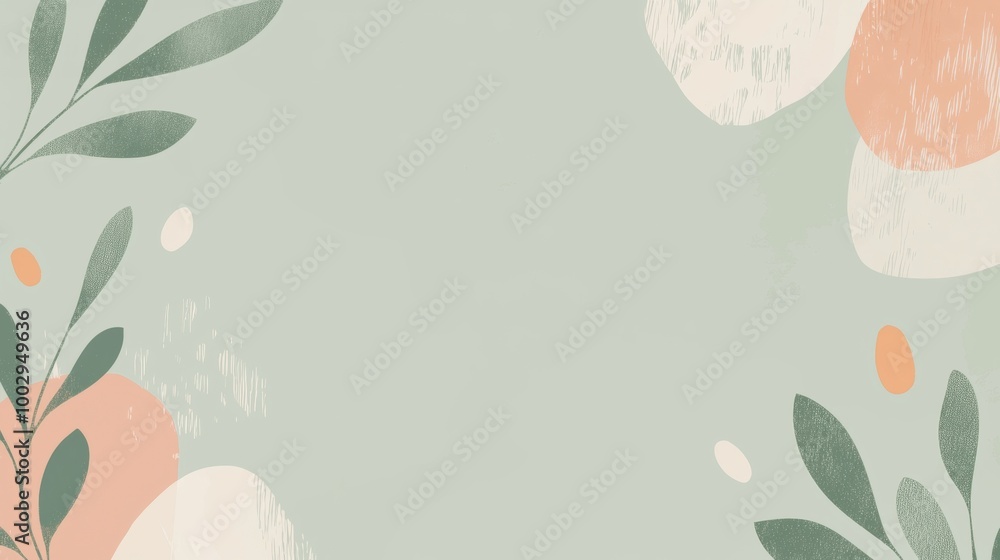 Poster sage green minimalist background with abstract shapes and leaves providing copy space for website ba