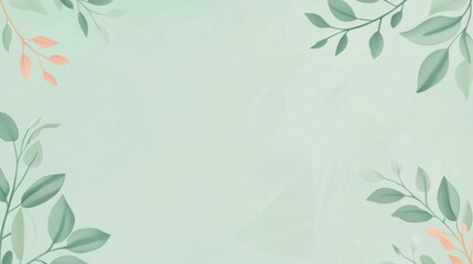 Hand-drawn watercolor illustration of delicate branches with green leaves on textured light green background. Ideal for invitations and cards. Fresh. Natural. And elegant design for creative projects