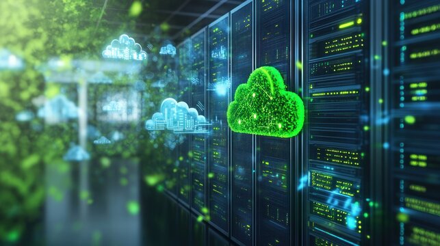 Digital representation of cloud computing with servers and green cloud symbols.